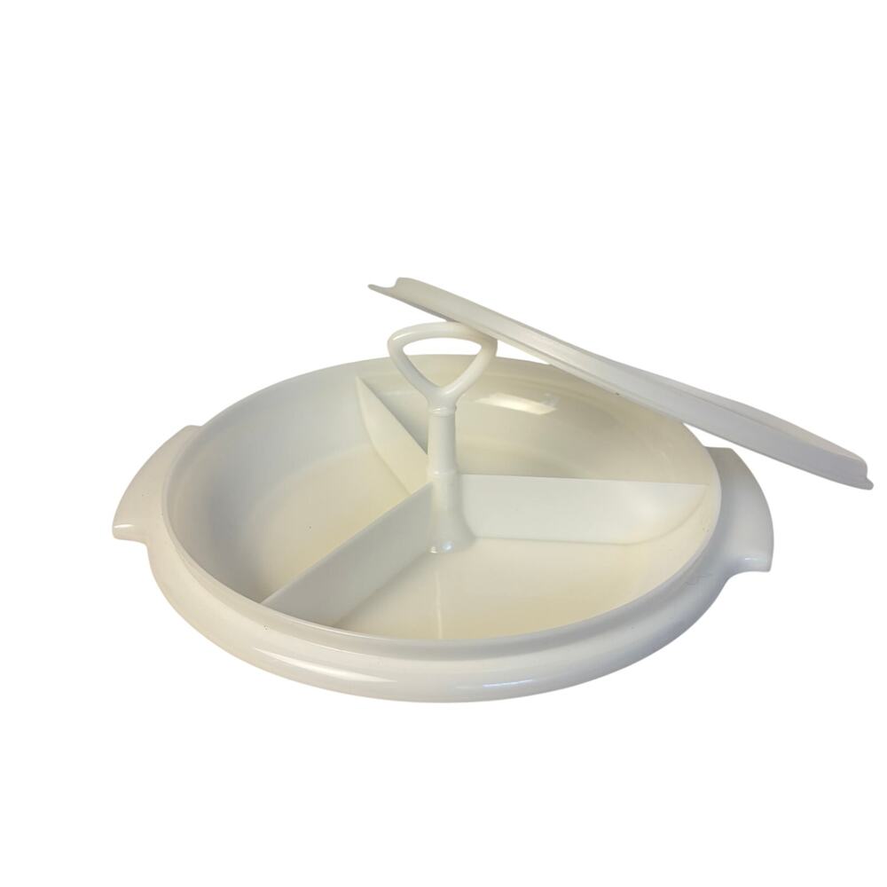 VTG Tupperware white Suzette small serving tray with handle, 3 slots. 608